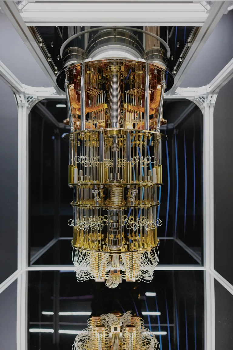 Yellow quantum computer on a blue-black background