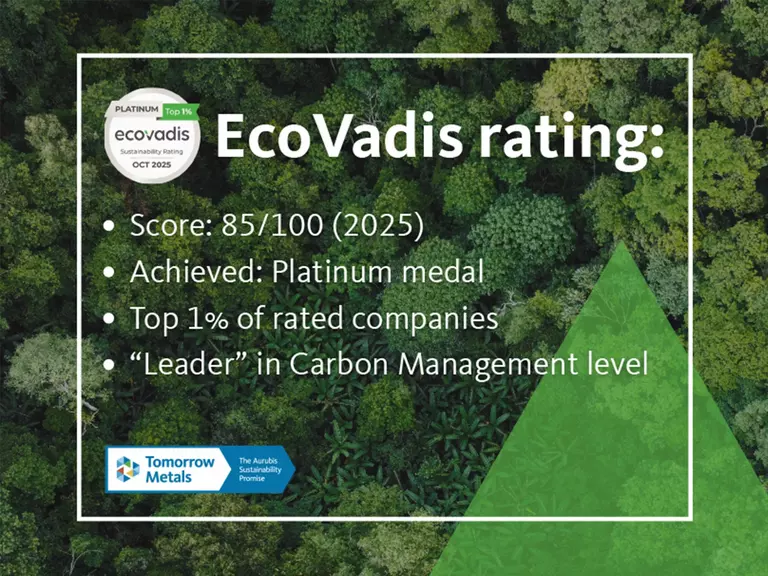 A bird's-eye view of a forest canopy. In front of this is a white frame containing a description of Aurubis' EcoVadis rating
