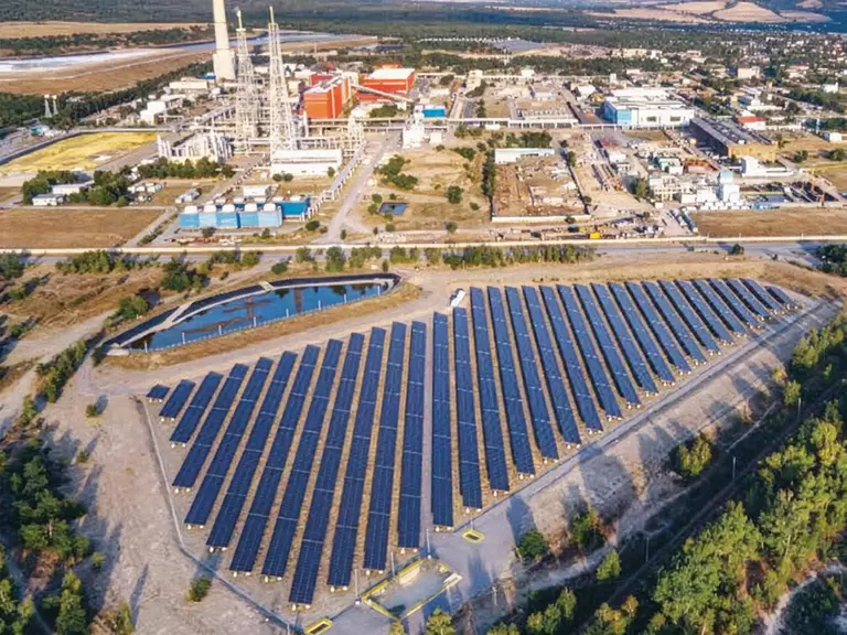 Bird's eye view of the expanded solar park at Aurubis Bulgaria