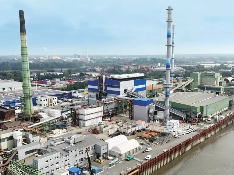 Aerial view of an Aurubis plant in Hamburg, located directly on the Elbe River.